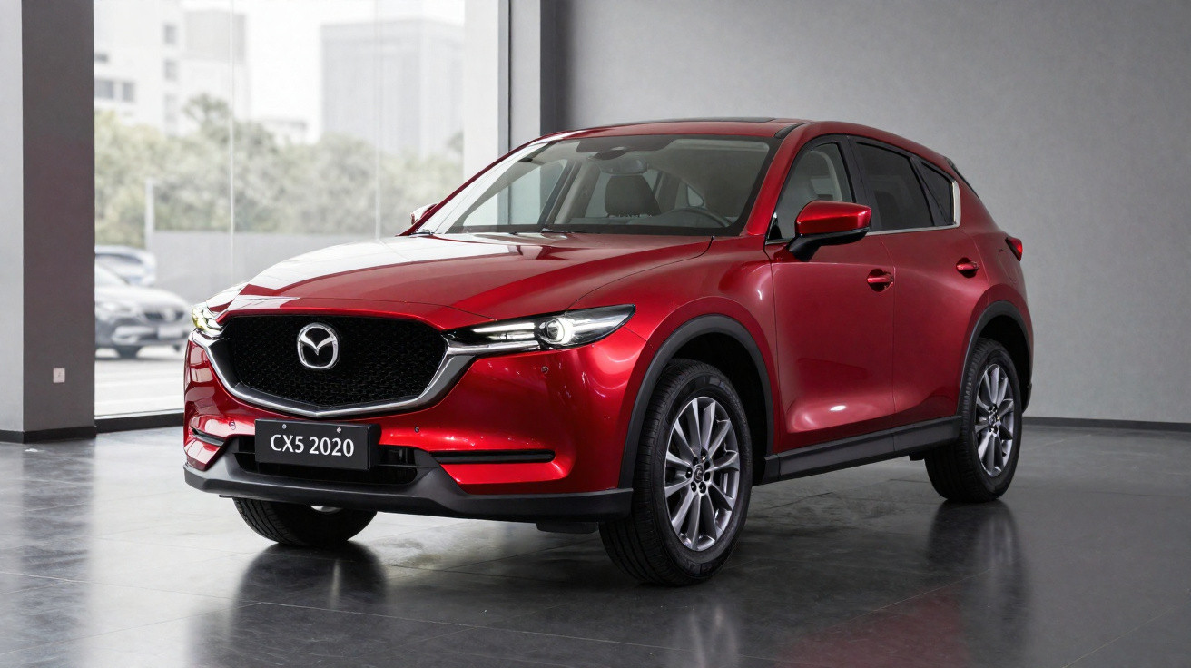 Roter Mazda CX-5 2020 SUV in einem hellen Ausstellungsraum, von vorne rechts fotografiert.