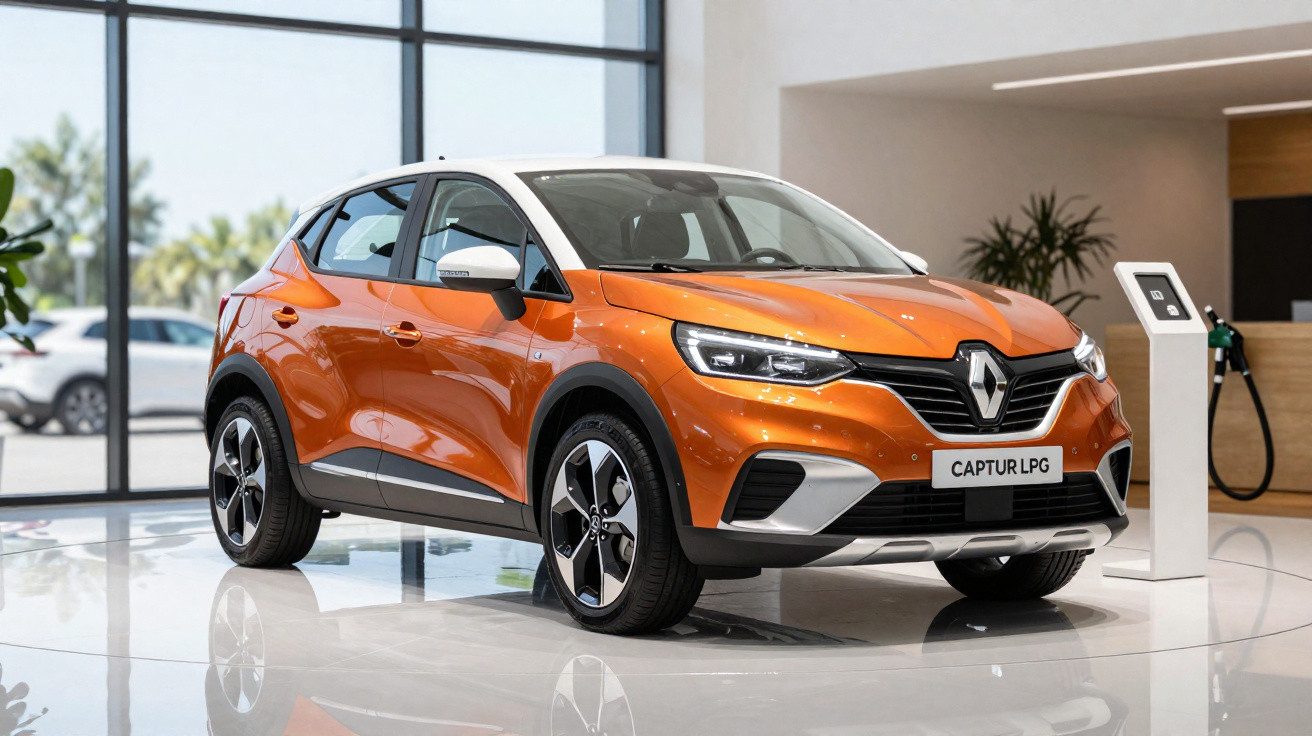 Oranger Renault Captur LPG SUV auf drehbarem Ausstellungsstand in modernem Autohaus
