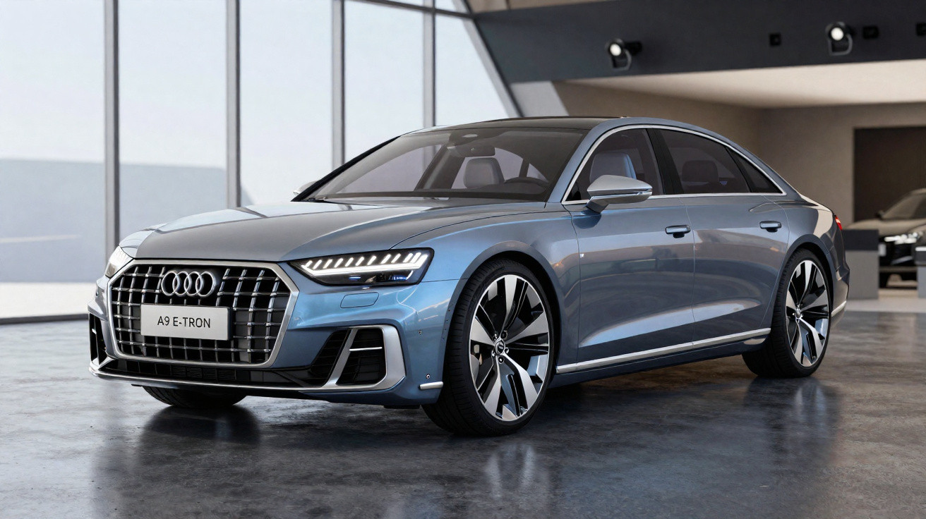 Blauer Audi A9 E-Tron Luxuslimousine steht in modernem Showroom mit großem Glasfenster.