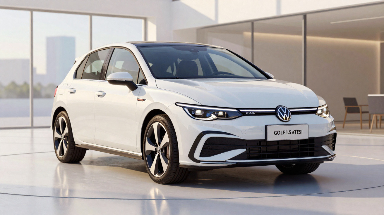 Weißer Volkswagen Golf 1.5 eTSI in moderner, heller Ausstellungshalle, Front- und Seitenansicht.