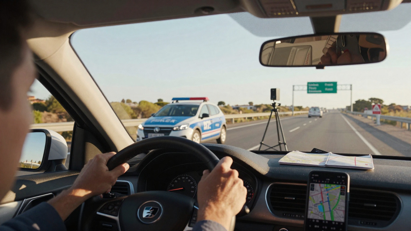 Blick vom Fahrer auf ein Polizeiauto mit Radar auf der Autobahn, Navigationsgerät im Fahrzeug sichtbar.
