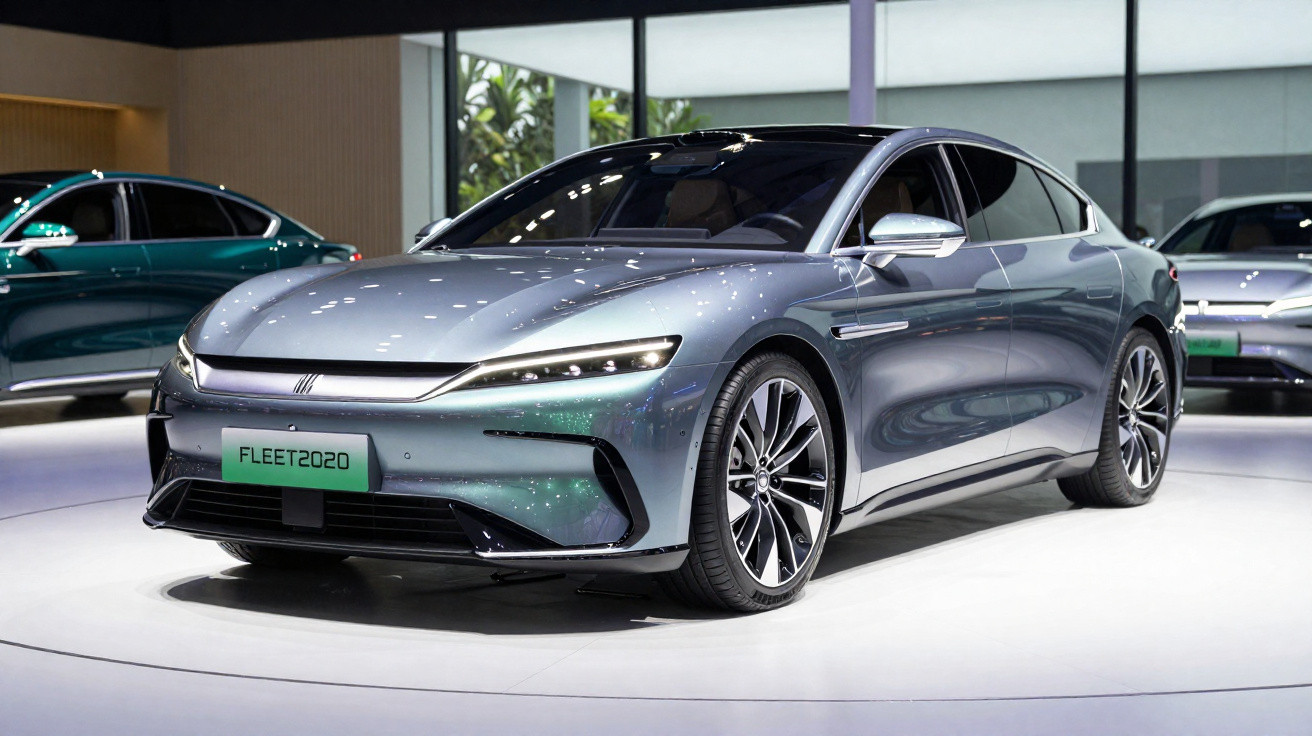 Silberner futuristischer Elektroauto-Prototyp auf Messe mit glänzender Oberfläche und LED-Scheinwerfern.