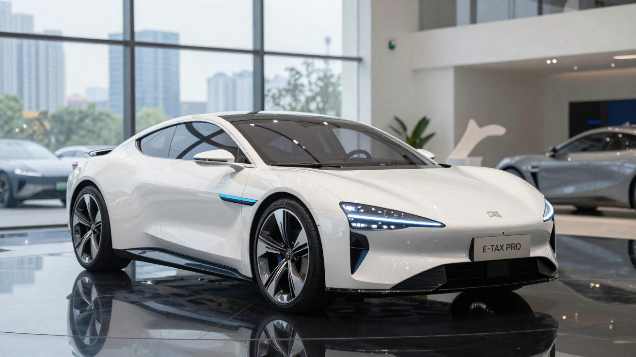 Weißes Elektro-Sportauto E-TAX PRO in modernem Showroom mit großen Fenstern und Stadtblick.