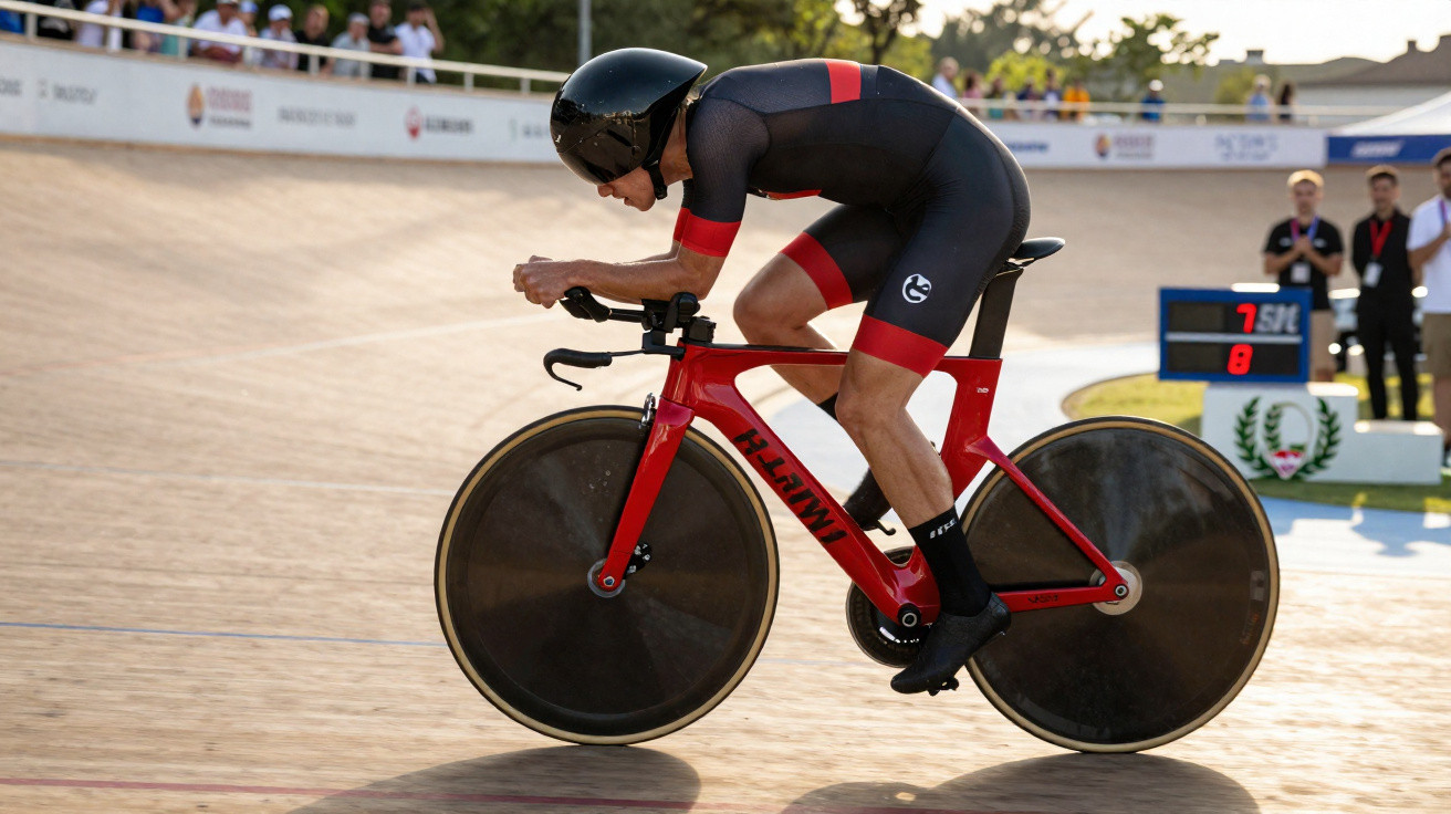 Radrennfahrer in aerodynamischer Position auf rotem Bahnrad auf einer Holzrennbahn bei Tageslicht