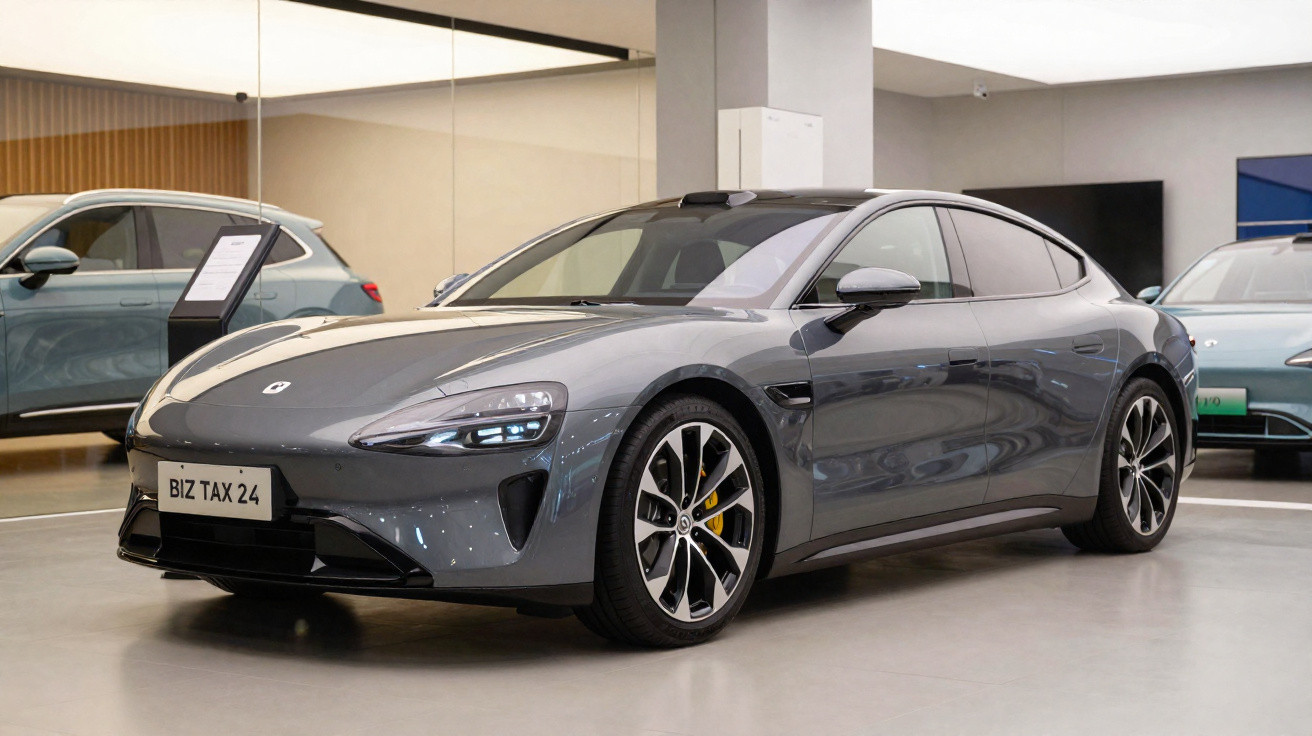 Grauer Sportwagen steht in einem modernen Autohaus auf glänzendem Boden vor Spiegelwand.