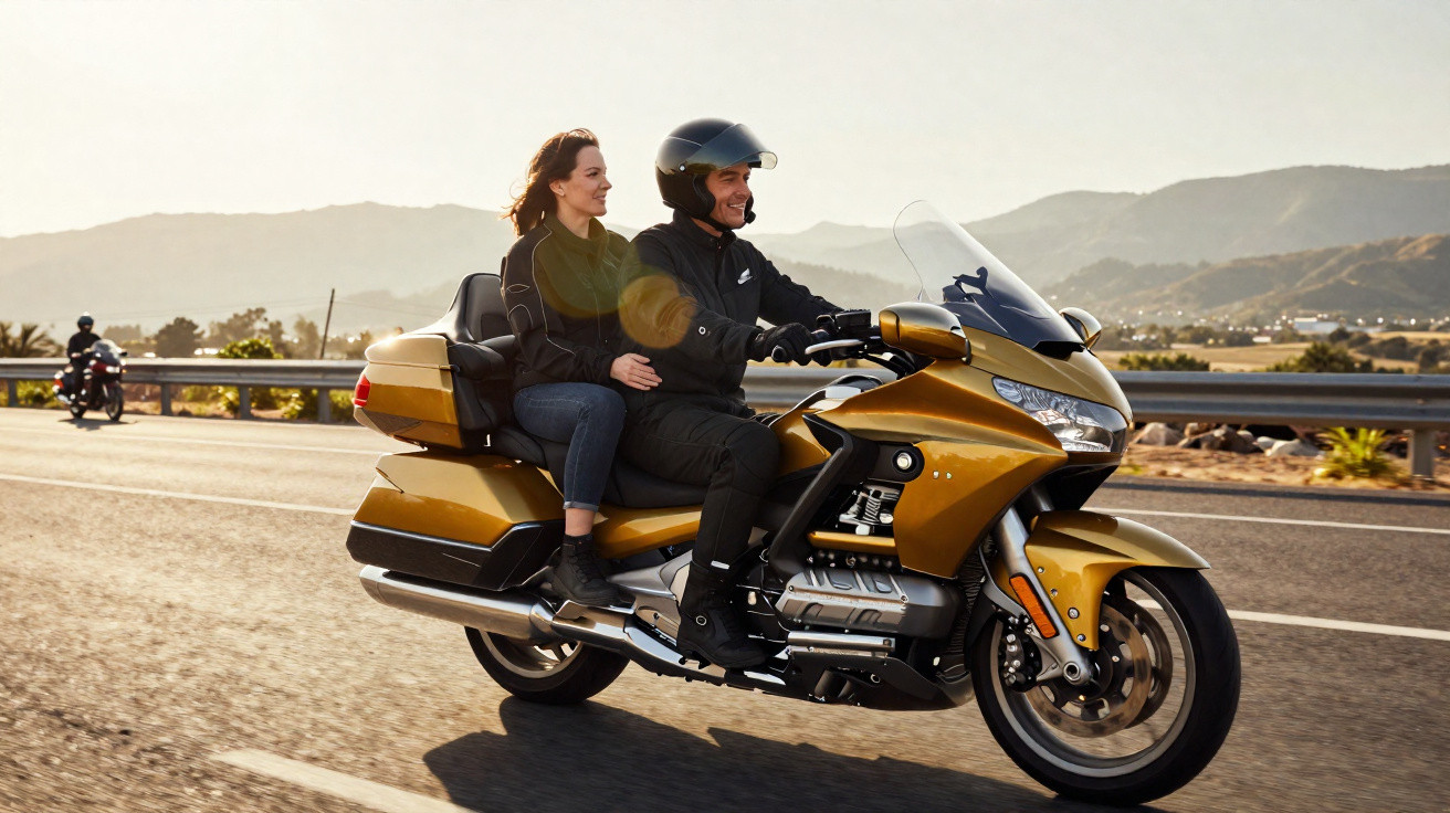 Paar fährt auf goldfarbenem Touring-Motorrad auf sonniger Landstraße mit Bergen im Hintergrund.