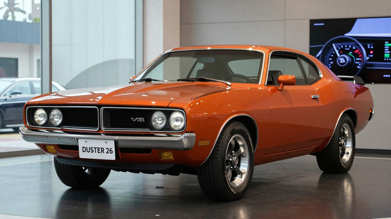 Oranger klassischer Muscle-Car mit V8-Motor im Ausstellungsraum, Modell Duster 26.