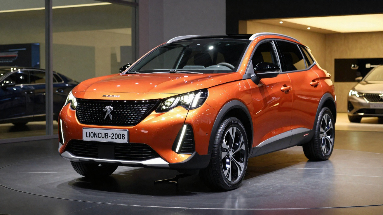 Orangefarbener Peugeot SUV LIONCUB-2008 auf Präsentationsbühne in hellem Ausstellungsraum