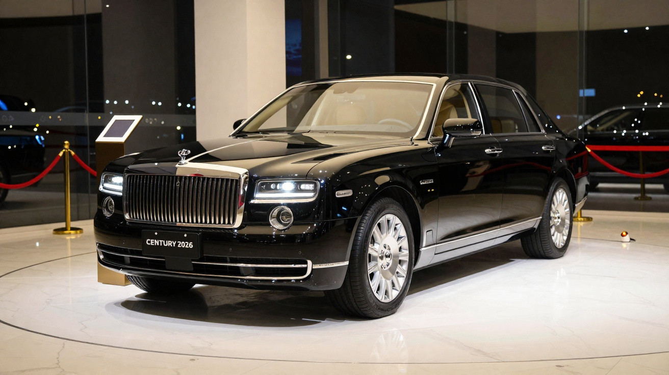 Schwarze Luxuslimousine Toyota Century 2026 im Showroom mit LED-Scheinwerfern und verchromtem Kühlergrill.