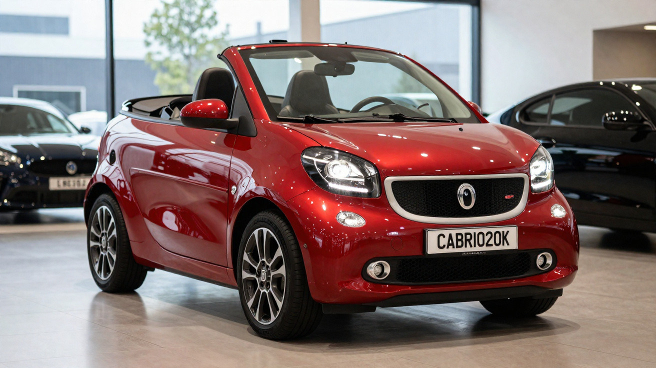 Rotes Smart Cabrio mit geöffnetem Dach in einem hellen Autohaus auf glänzendem Boden.