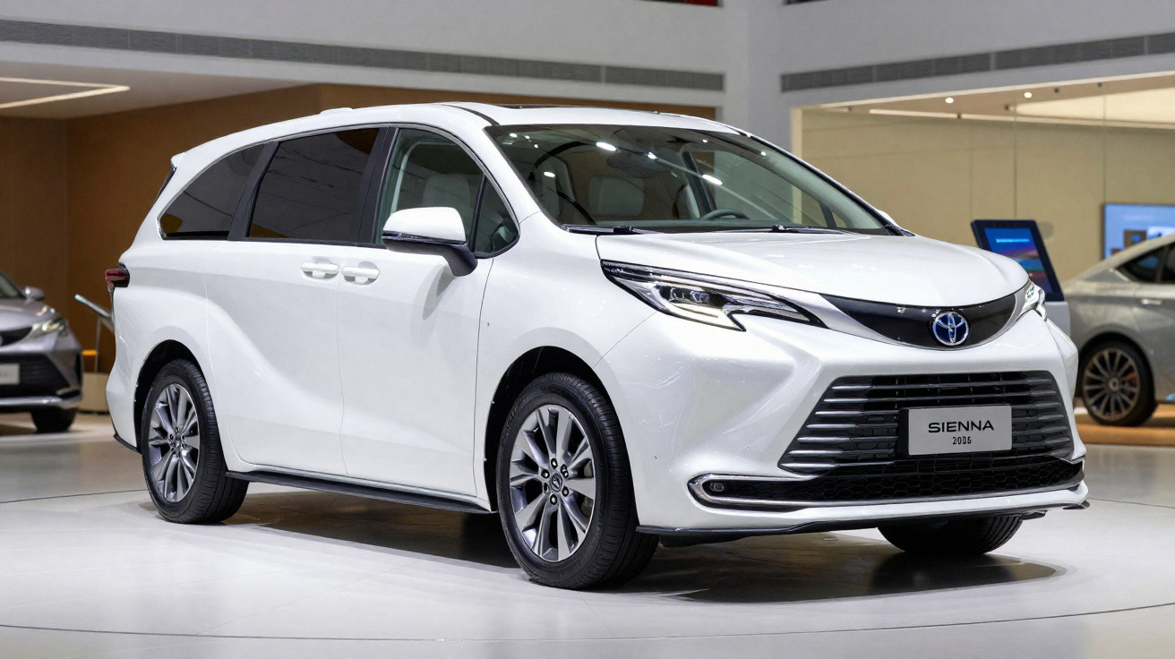 Weißer Toyota Sienna 2024 Van im modernen Autohaus mit beleuchtetem Ausstellungsraum.
