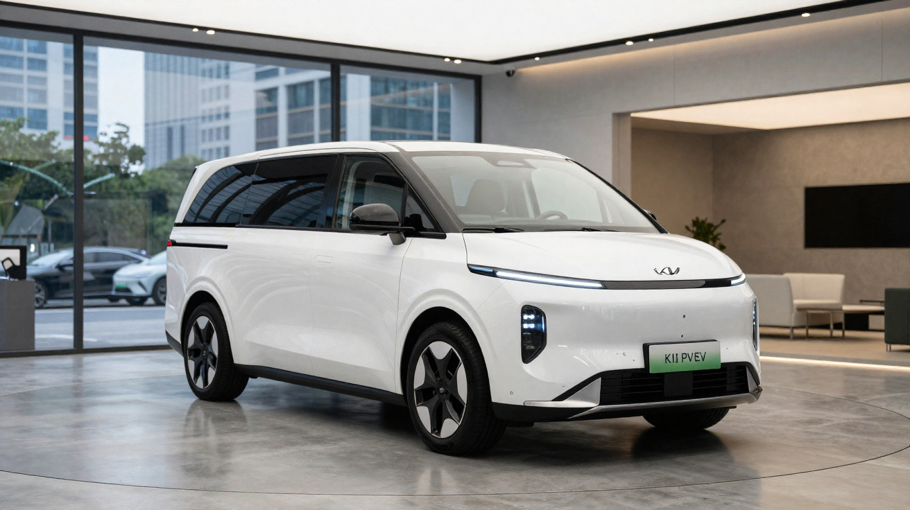 Weißer Kia EV Elektroauto-Minivan im modernen Showroom mit großen Fenstern und Stadtblick.
