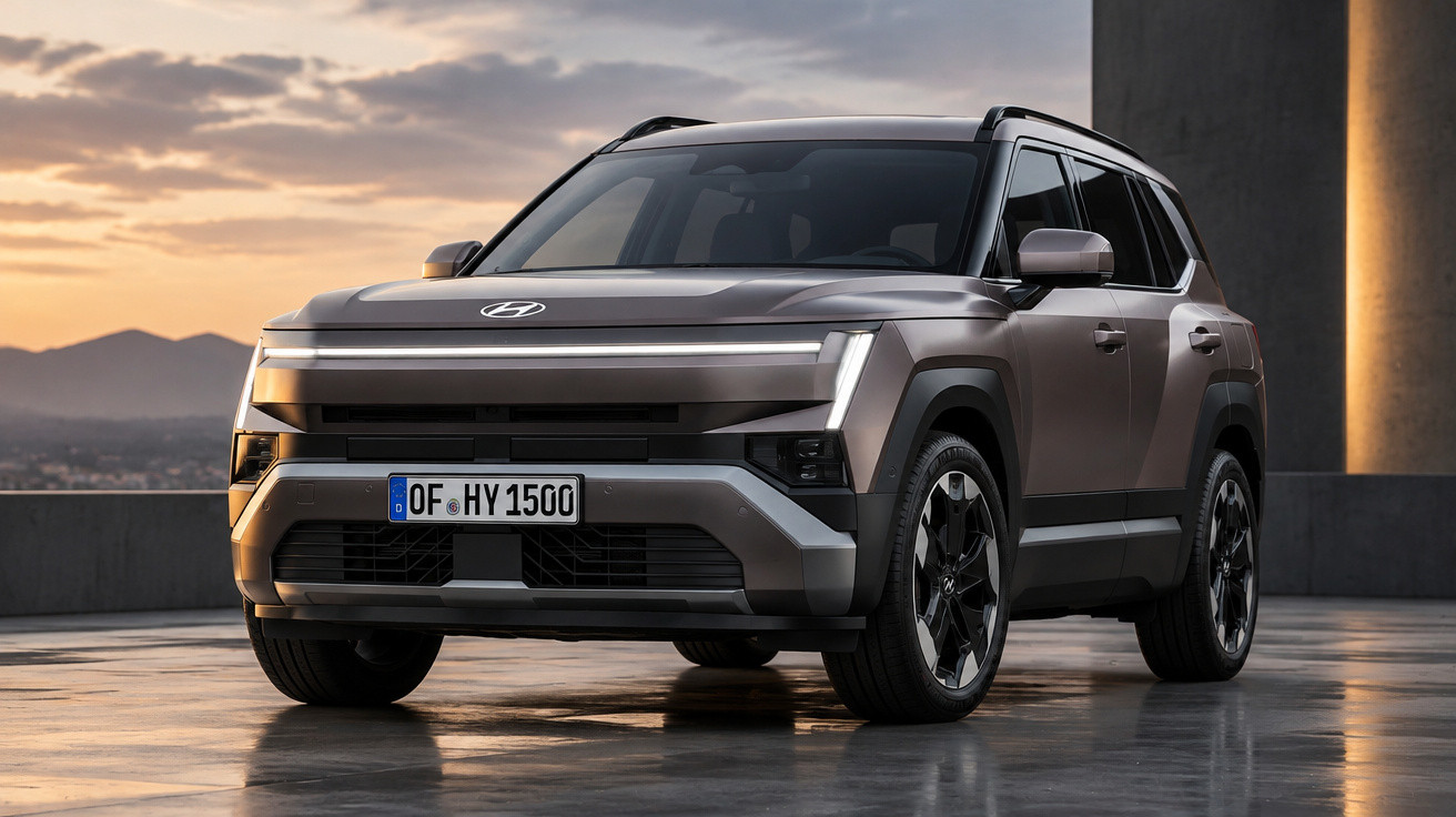 Hyundai SUV in mattem Grau bei Sonnenuntergang auf reflektierendem Boden, moderne Frontansicht.