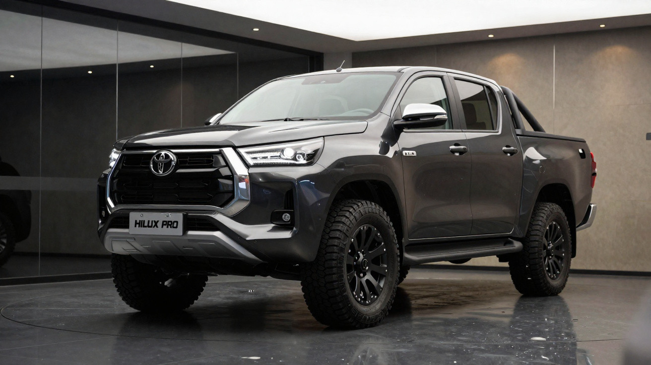 Schwarzer Toyota Hilux Pro Pickup-Truck in moderner Innenraumumgebung, Front- und Seitenansicht.