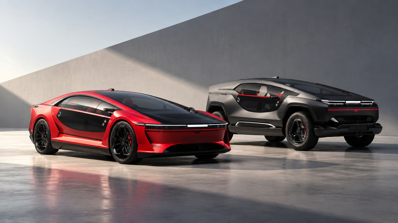 Zwei futuristische Elektroautos, ein roter Sportwagen und ein schwarzer SUV, vor einer minimalistischen Wand.