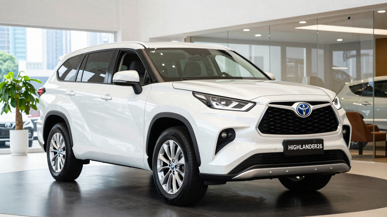Weißer Toyota Highlander SUV im modernen Autohaus auf Drehplattform präsentiert.