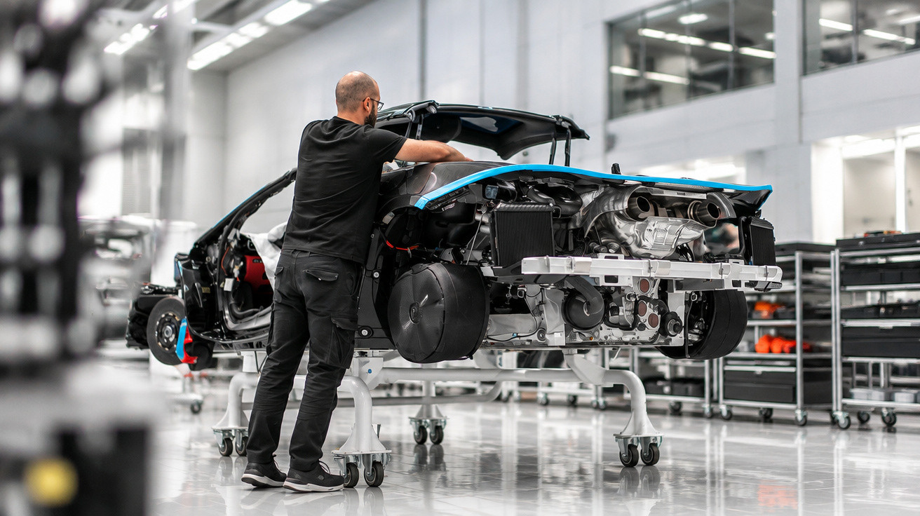 Mann arbeitet an einem halbfertigen Sportwagen in moderner Autofabrik mit hellem und sauberem Werkstattboden.