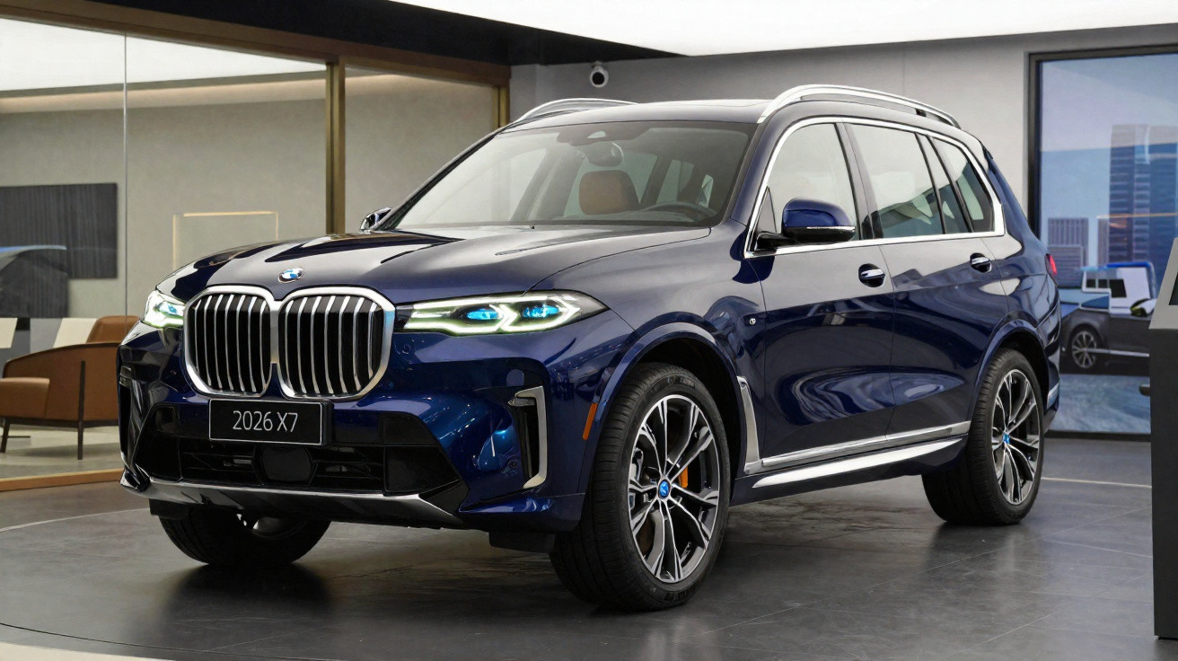 Blauer BMW X7 SUV Modell 2026 in modernem Showroom mit LED-Scheinwerfern und großen Chrom-Nieren.
