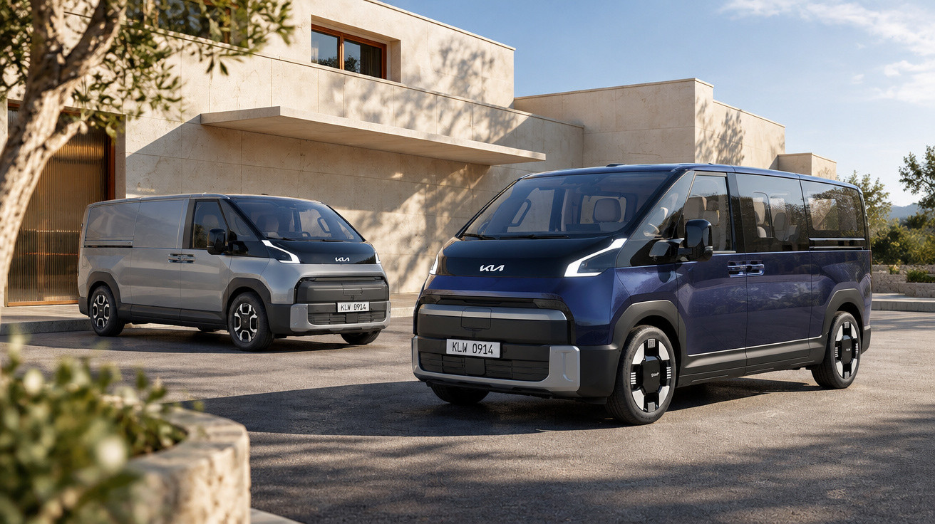Zwei moderne Kia Elektro-Nutzfahrzeuge, ein silberner Kastenwagen und ein blauer Personenbus, vor einem hellen Gebäude.