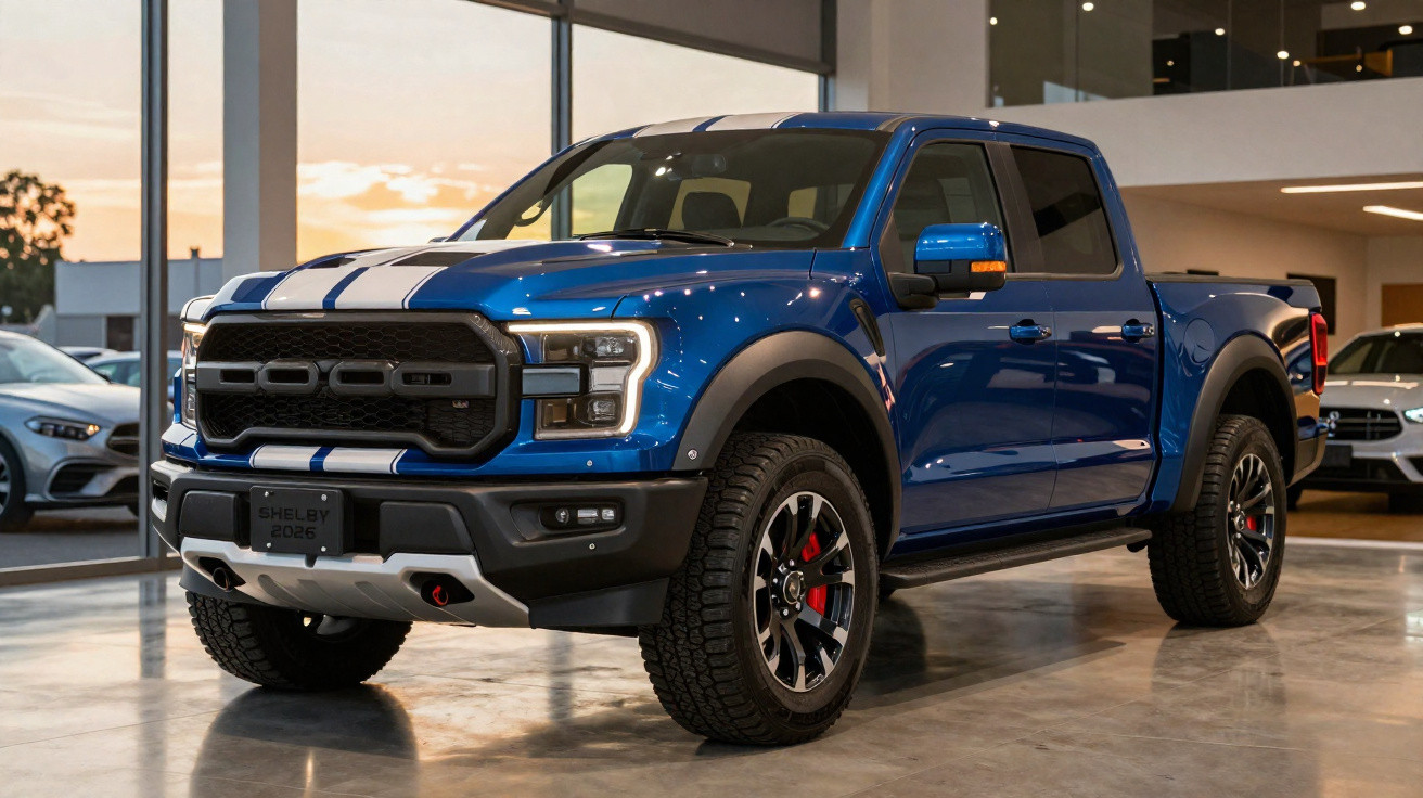Blauer Ford Shelby F-150 Raptor Pickup mit Rennstreifen in einem Showroom bei Sonnenuntergang