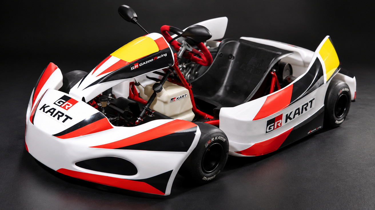 Weiß-rotes Renn-Kart mit schwarz-rotem Lenkrad und Branding von Gazoo Racing auf dunklem Hintergrund.