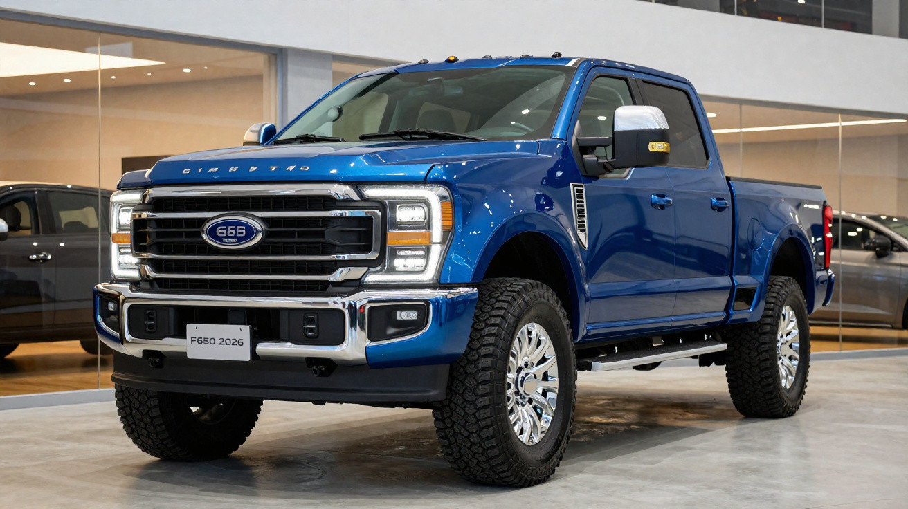 Blauer 2026 Ford F-150 Pickup mit großen Reifen in moderner Ausstellungshalle.