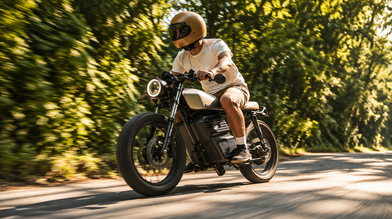 Mann mit hellem Helm auf schwarzem Elektromotorrad fährt auf sonniger Landstraße vorbei an grünen Bäumen.
