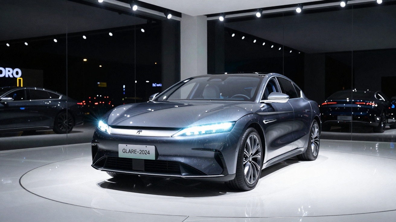 Elegantes graues Elektroauto GLARE-2024 in moderner, gut beleuchteter Ausstellung mit Reflexionen auf dem Boden
