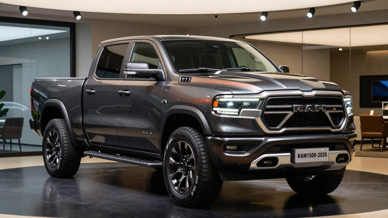 Grauer RAM 1500 Pickup-Truck mit vier Türen in Innenraum-Ausstellung, moderne LED-Scheinwerfer.