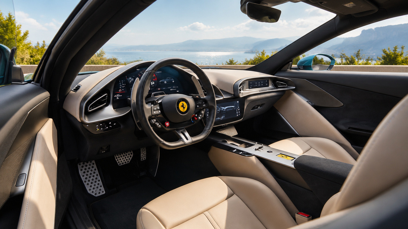 Innenraum eines Ferrari-Sportwagens mit beigen Ledersitzen und Blick auf das Lenkrad und Armaturenbrett.
