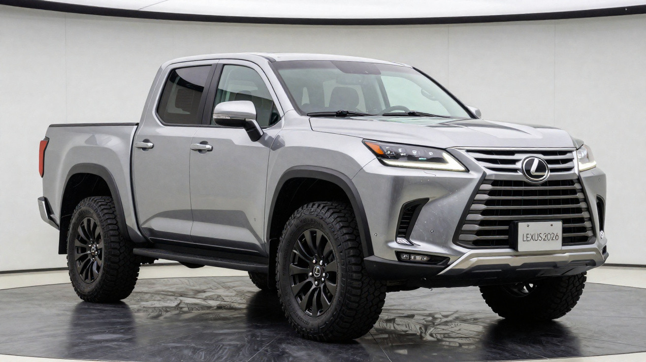 Silberner Lexus Pick-up 2026 Modell mit schwarzem Offroad-Reifen in Studioaufnahme.