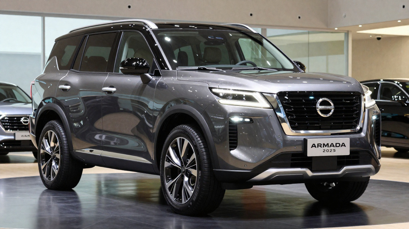 Nissan Armada 2025 SUV in Grau, präsentiert in einem Showroom mit moderner Beleuchtung.