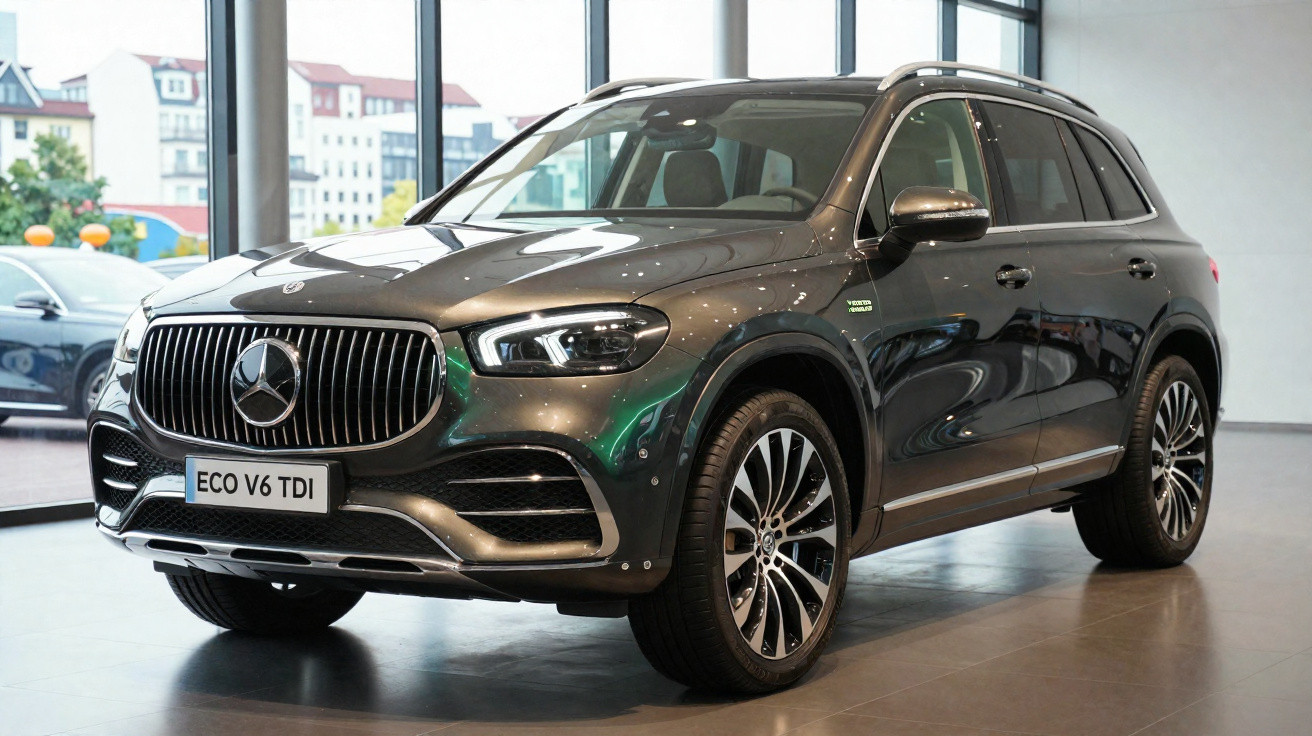 Dunkelgrauer Mercedes-Benz SUV GLS 580 4MATIC im Ausstellungsraum mit Panoramafenstern.