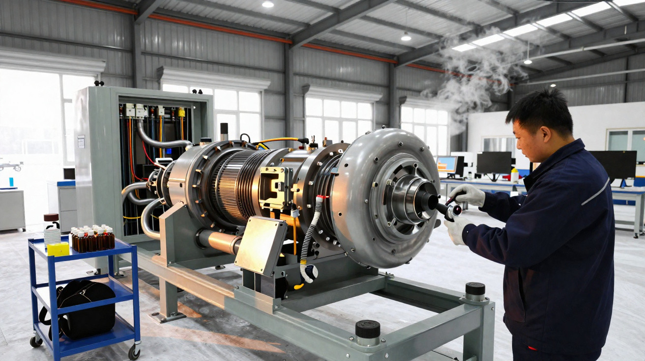 Techniker inspiziert eine industrielle Turbinenmaschine in einer modernen Werkshalle mit Dampfentwicklung.
