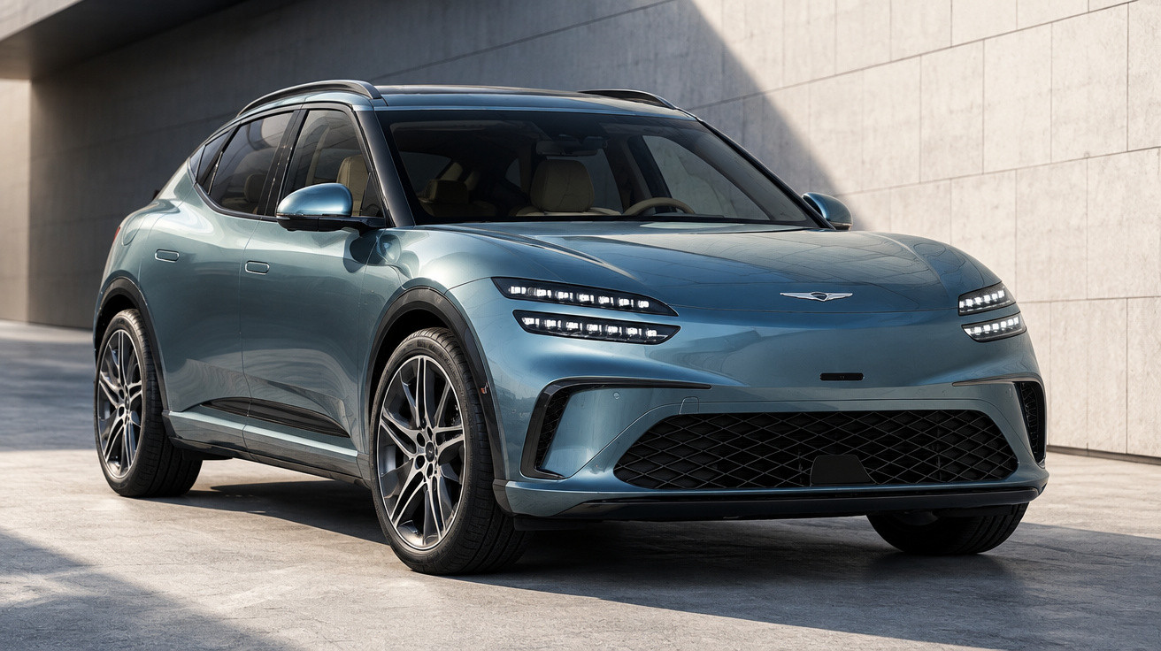Blauer Genesis Elektro-SUV auf Betonboden vor moderner Betonwand, seitliche Frontansicht bei Tageslicht.