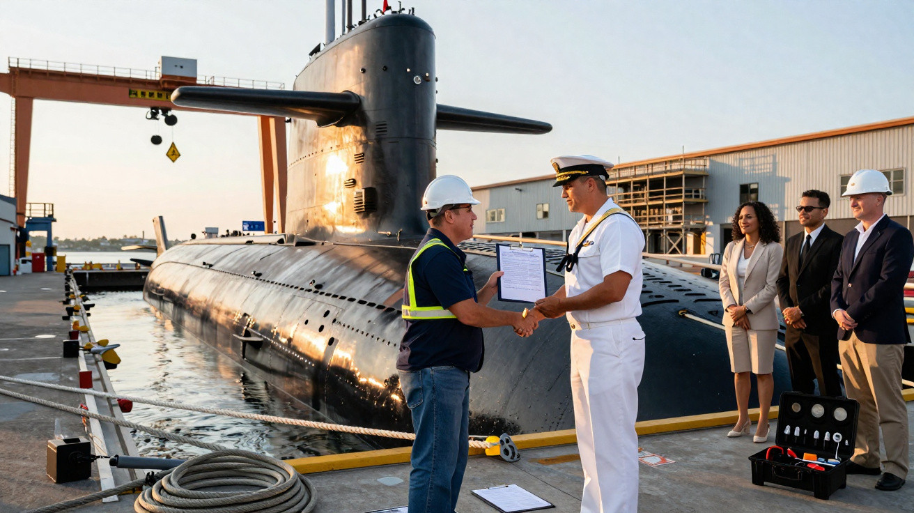 Mann im Bauhelm übergibt Mann in Marineuniform Dokument am Ufer neben einem U-Boot, weitere Personen beobachten.