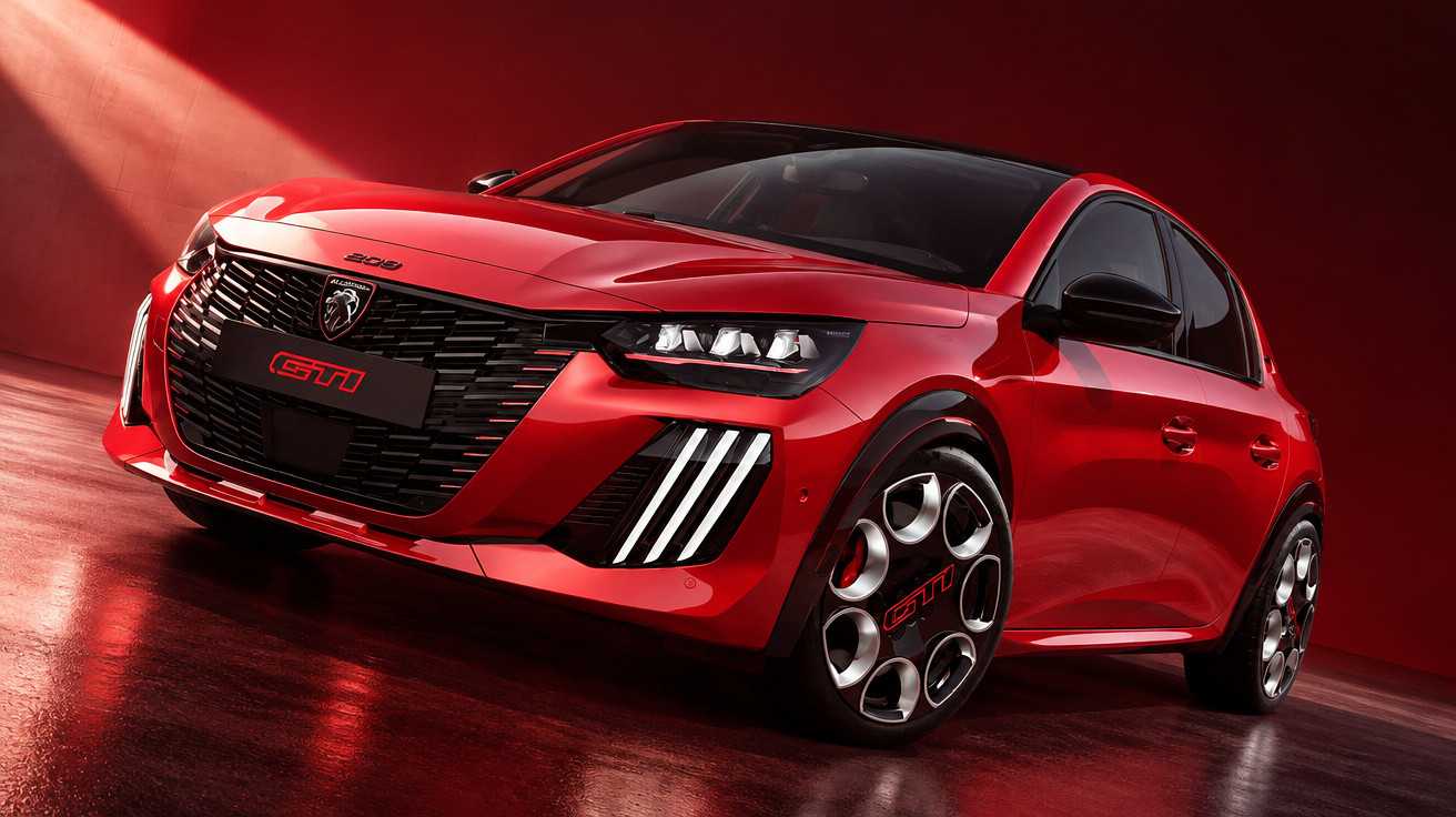 Roter Peugeot 308 GTI mit markantem Grill und sportlichen LED-Scheinwerfern vor rotem Hintergrund.