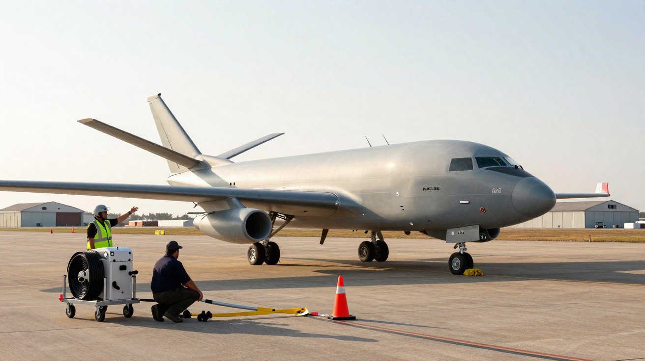 Militärisches Flugzeug steht auf Rollfeld, zwei Techniker positionieren Ausrüstung davor.