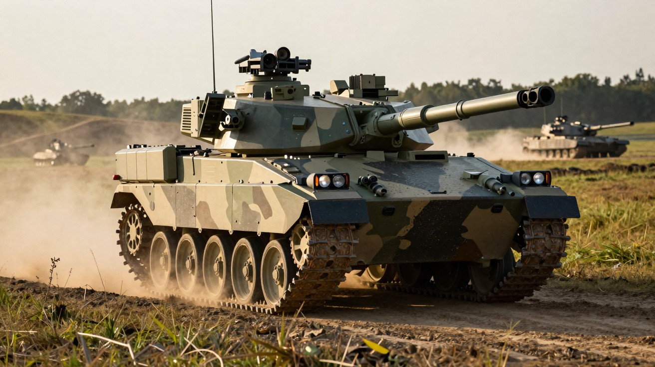 Moderner Kampfpanzer in Tarnfarben fährt über ein staubiges Feld bei Tageslicht.