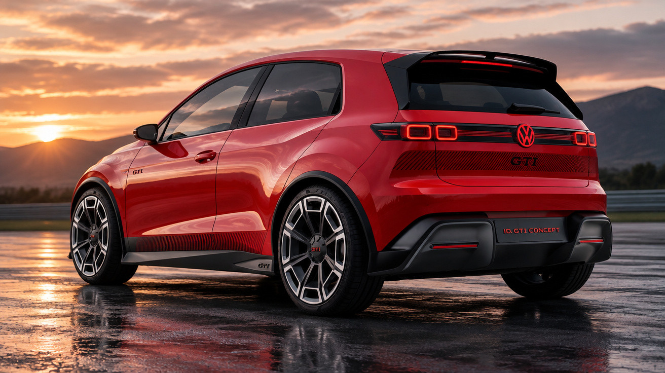 Roter Volkswagen ID. GTI Concept vor Sonnenuntergang auf nasser Straße, sportlich und futuristisch gestaltet.