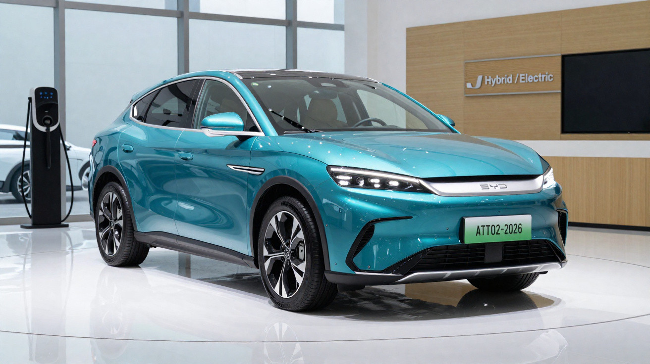 Blau-grünes BYD ATTO 2 Elektroauto an Ladestation in modernem Ausstellungsraum mit Hybrid/Electric-Schild.