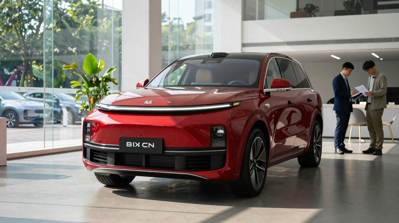 Roter BIX CN Elektro-SUV in einem hellen Autohaus mit zwei Männern im Hintergrund, die Dokumente besprechen.