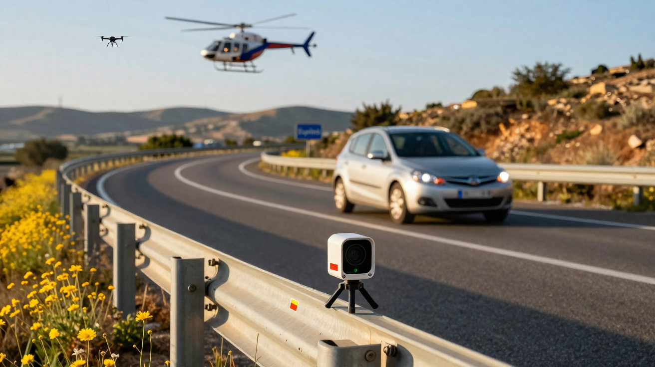 Geschwindigkeitsmessung an kurviger Landstraße mit Kamera, Auto, Drohne und Polizeihubschrauber im Hintergrund.