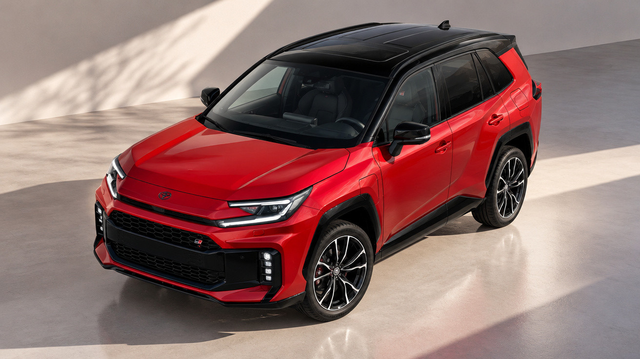 Roter SUV mit schwarzem Dach, sportlichem Design und modernen LED-Scheinwerfern, Aufnahme von vorne rechts oben.