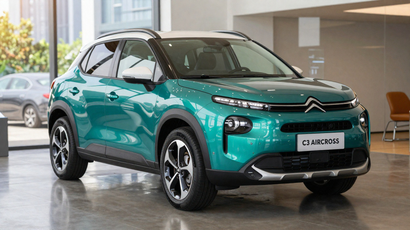 Türkisfarbener Citroën C3 Aircross SUV in einem hellen Showroom, Seitenansicht leicht schräg frontal.