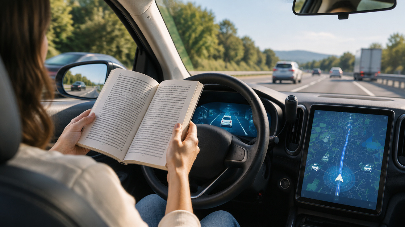 Person liest ein Buch im selbstfahrenden Auto auf der Autobahn mit Kartennavigation und Verkehrsanzeige.
