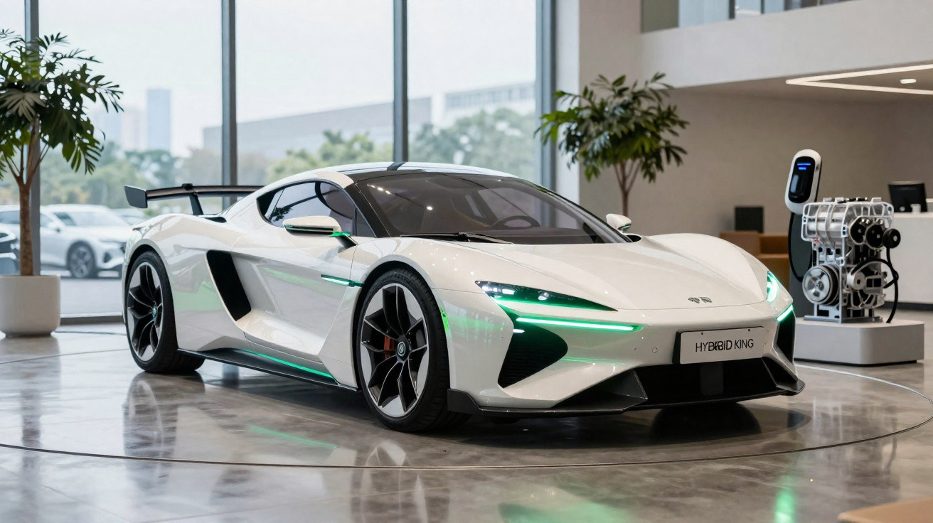 Weißer Hybrid-Sportwagen mit grünen Lichtern steht in modernem Showroom neben Ladestation und Motor-Modell.