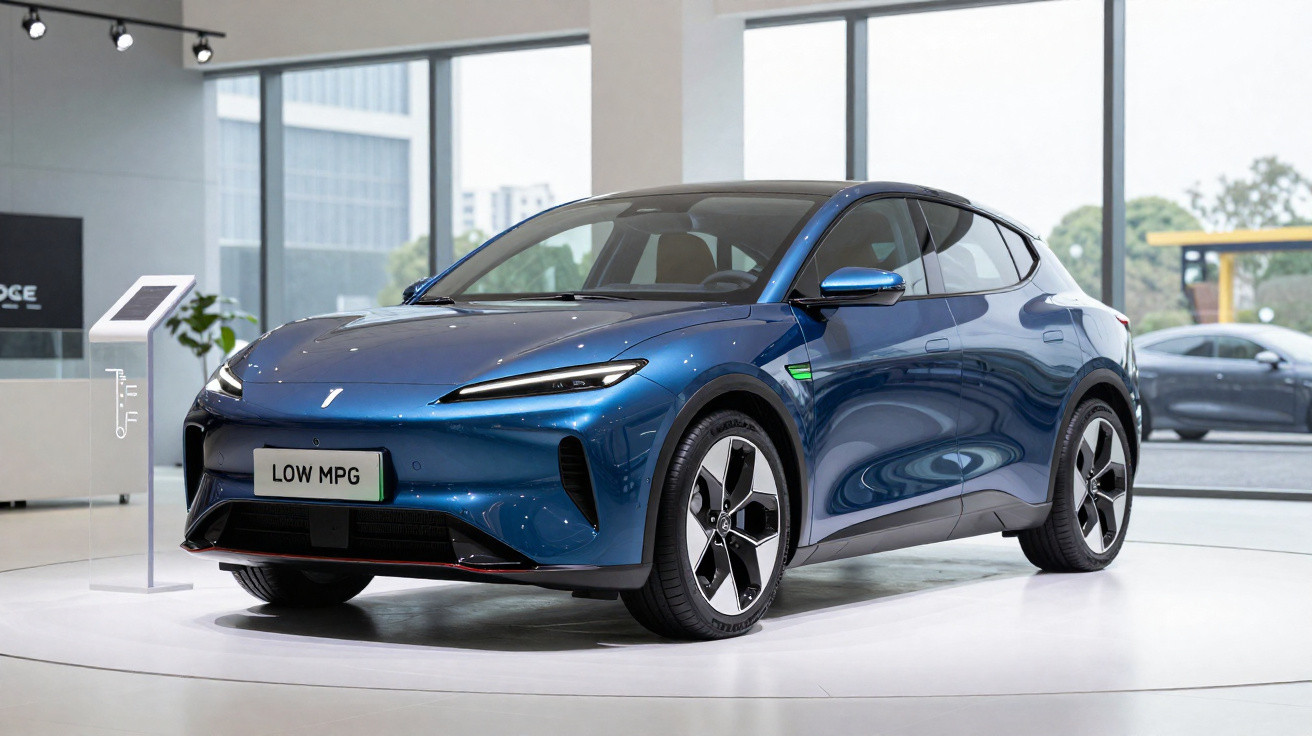 Blaues Elektroauto mit modernem Design steht im hellen Ausstellungsraum vor großen Fenstern.