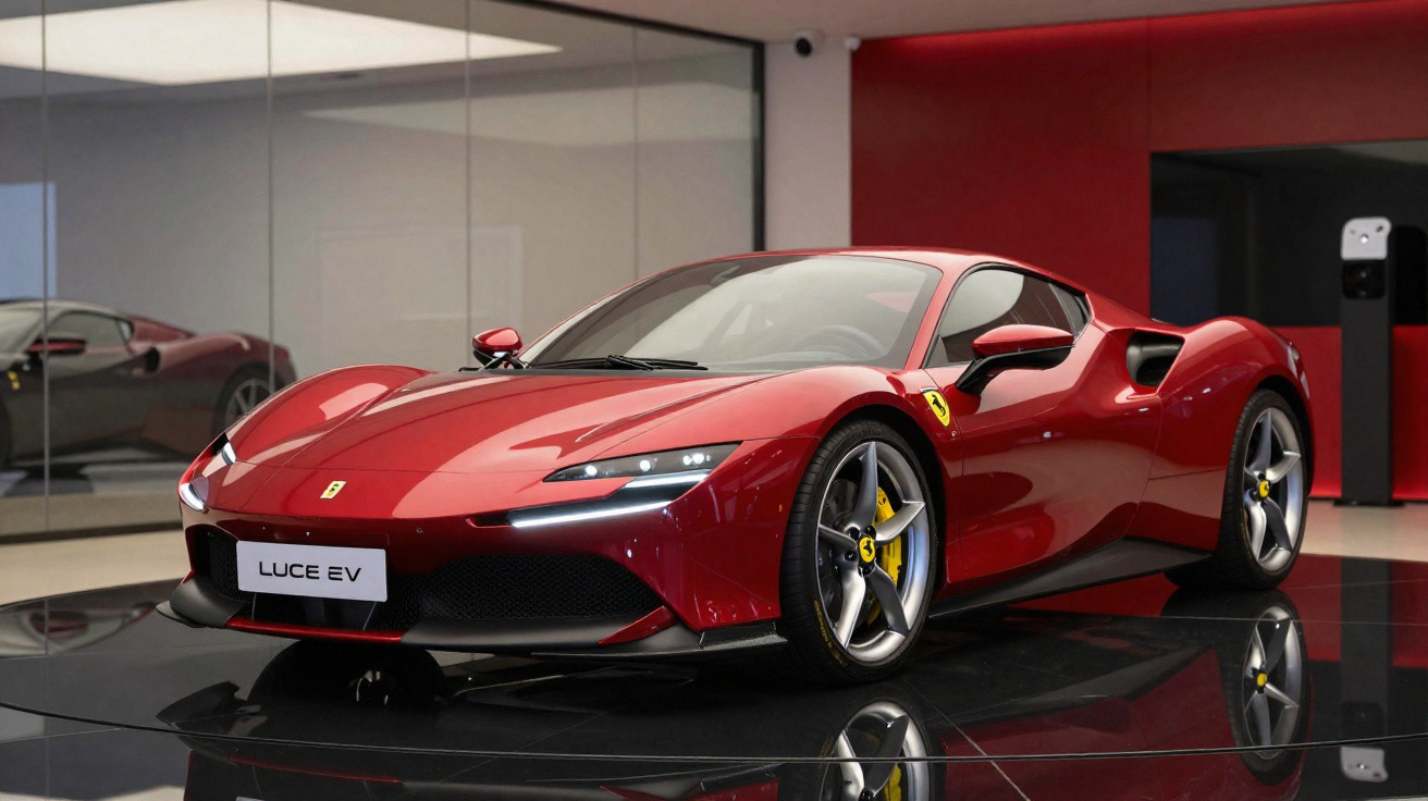 Roter Ferrari LUCE EV Sportwagen in einem modernen Showroom auf schwarzem glänzendem Boden.