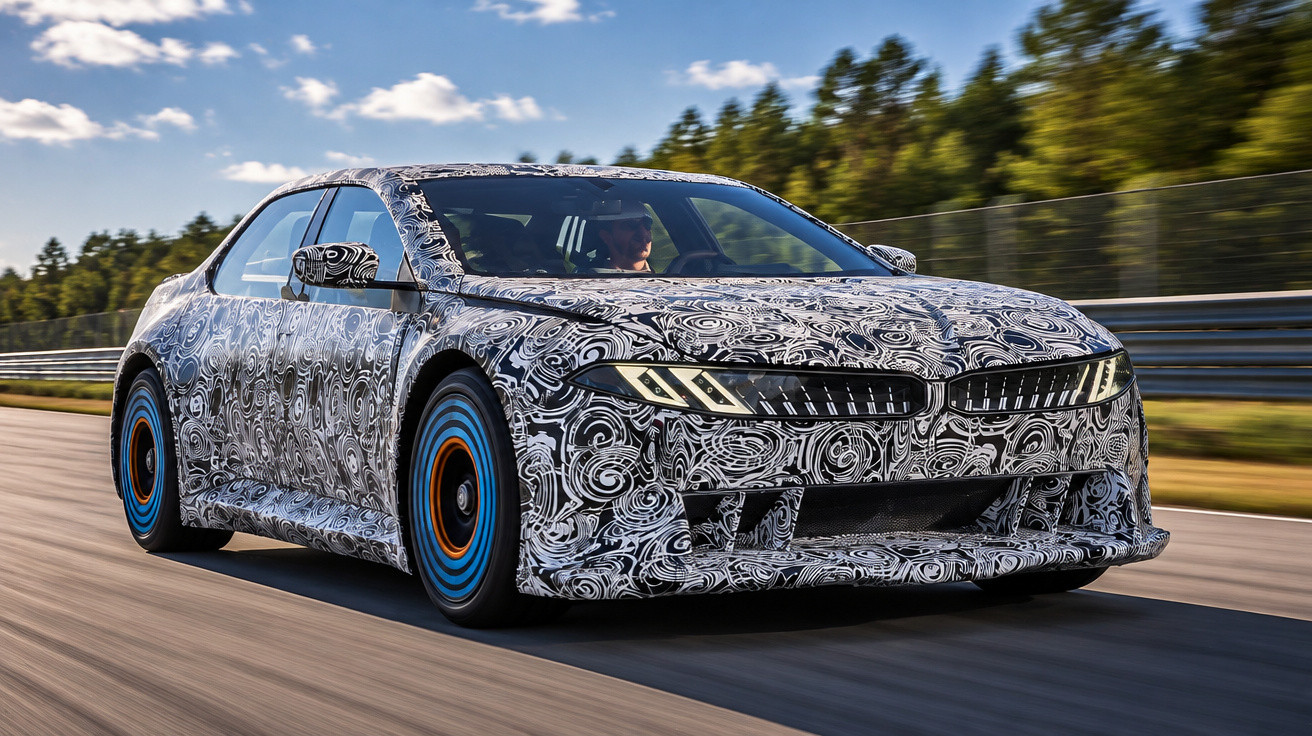 Sportliches Auto mit schwarz-weißem Camouflage-Muster fährt schnell auf Rennstrecke bei bewölktem Himmel.